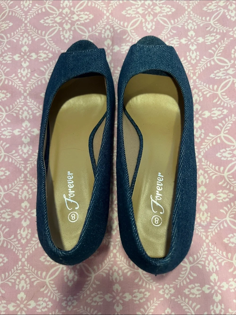 Forever Denim Blue Peep-Toe Pumps for Women